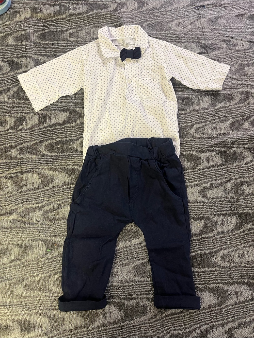 Baby Boy Polka Dot Button-Up with Navy Bow Tie & Navy Pants